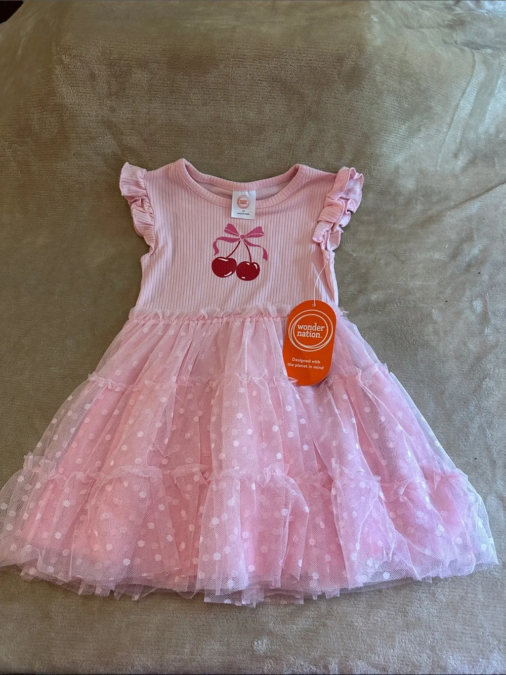 wonder nation Pink Ruffle Cherry Tulle Dress for Kids